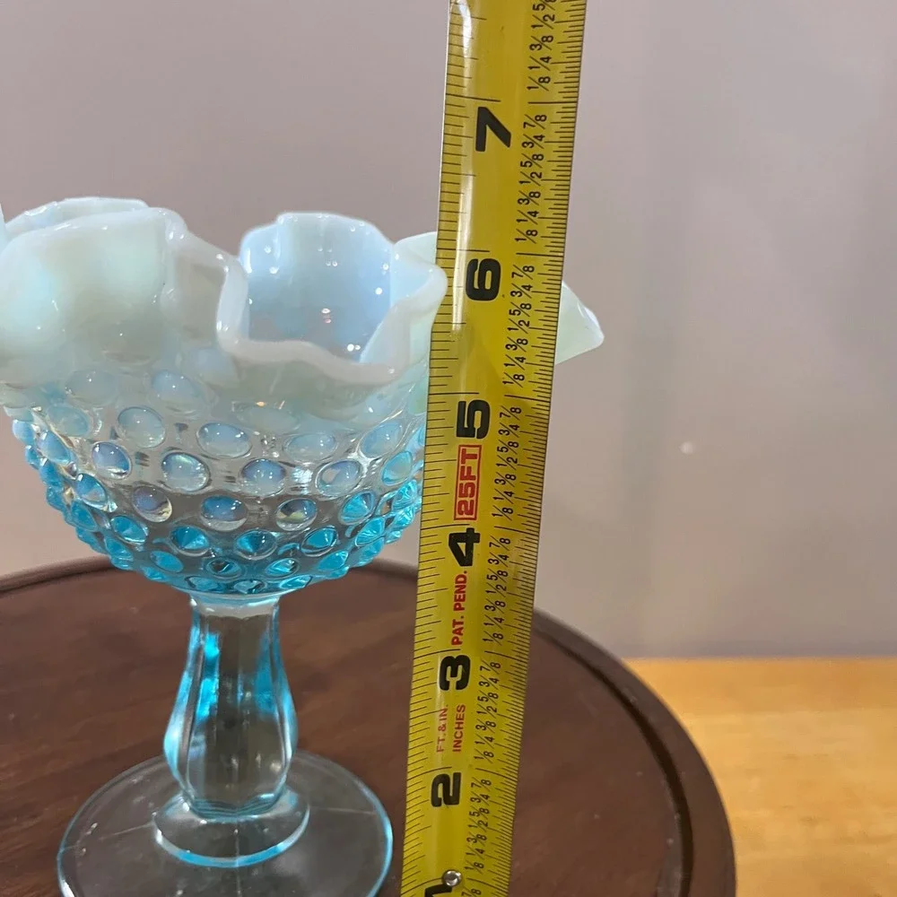 Vtg Fenton Blue Opalescent Hobnail Ruffled Glass Compote‎ MCM Candy Dish 6